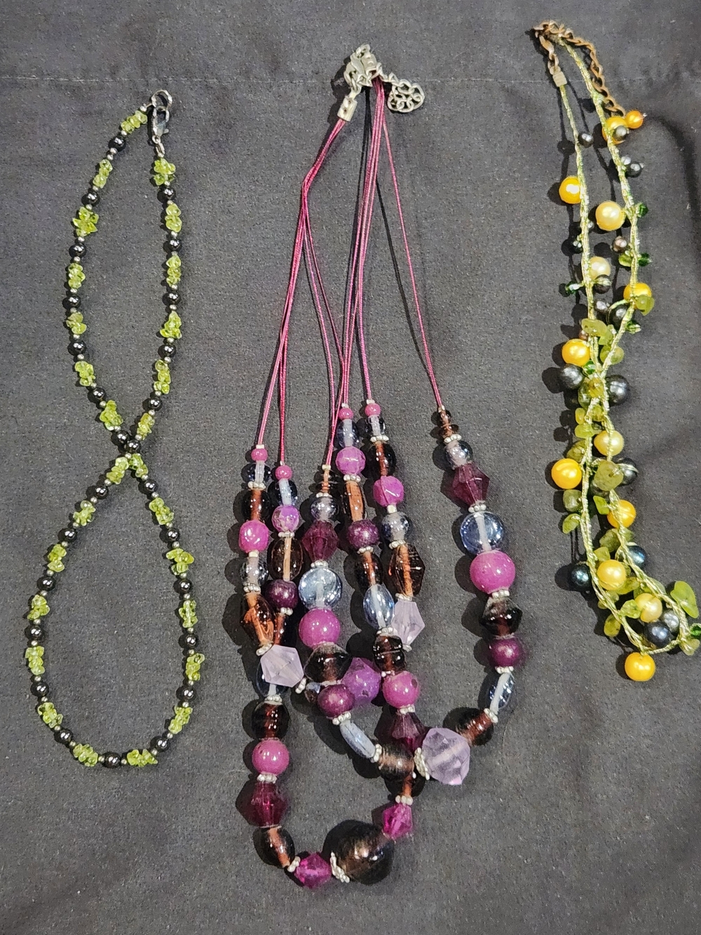 Lot of 3 Glass Pearl Beaded Necklaces Peridot Green Purple Yellow Statement